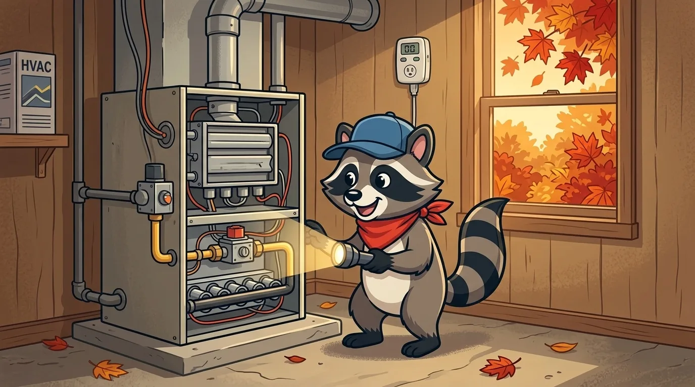 Rowdy the Raccoon in a technician cap shining a flashlight into an open gas furnace in a cozy utility closet with a carbon monoxide detector on the wall