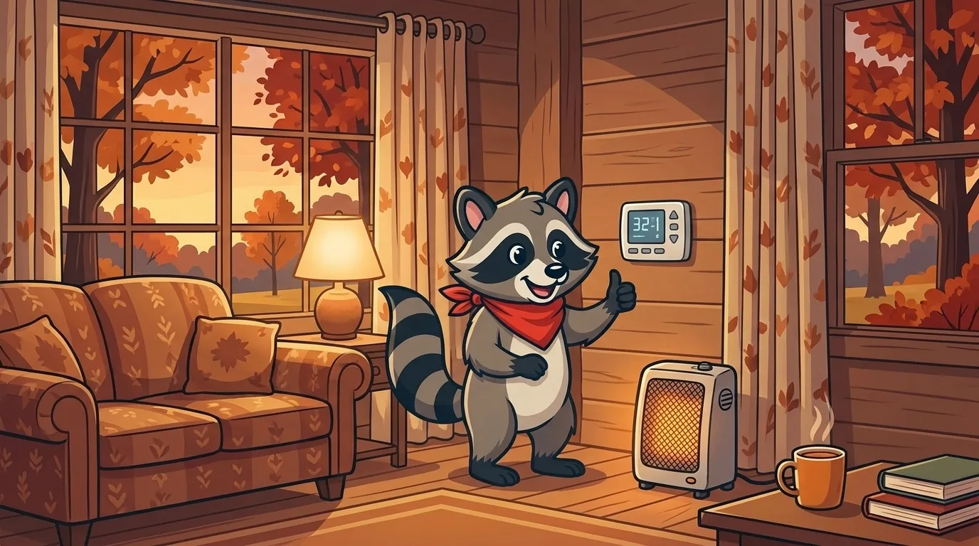 Rowdy the Raccoon giving a thumbs up next to a wall thermostat in a cozy living room while a small space heater sits safely away from the couch and curtains