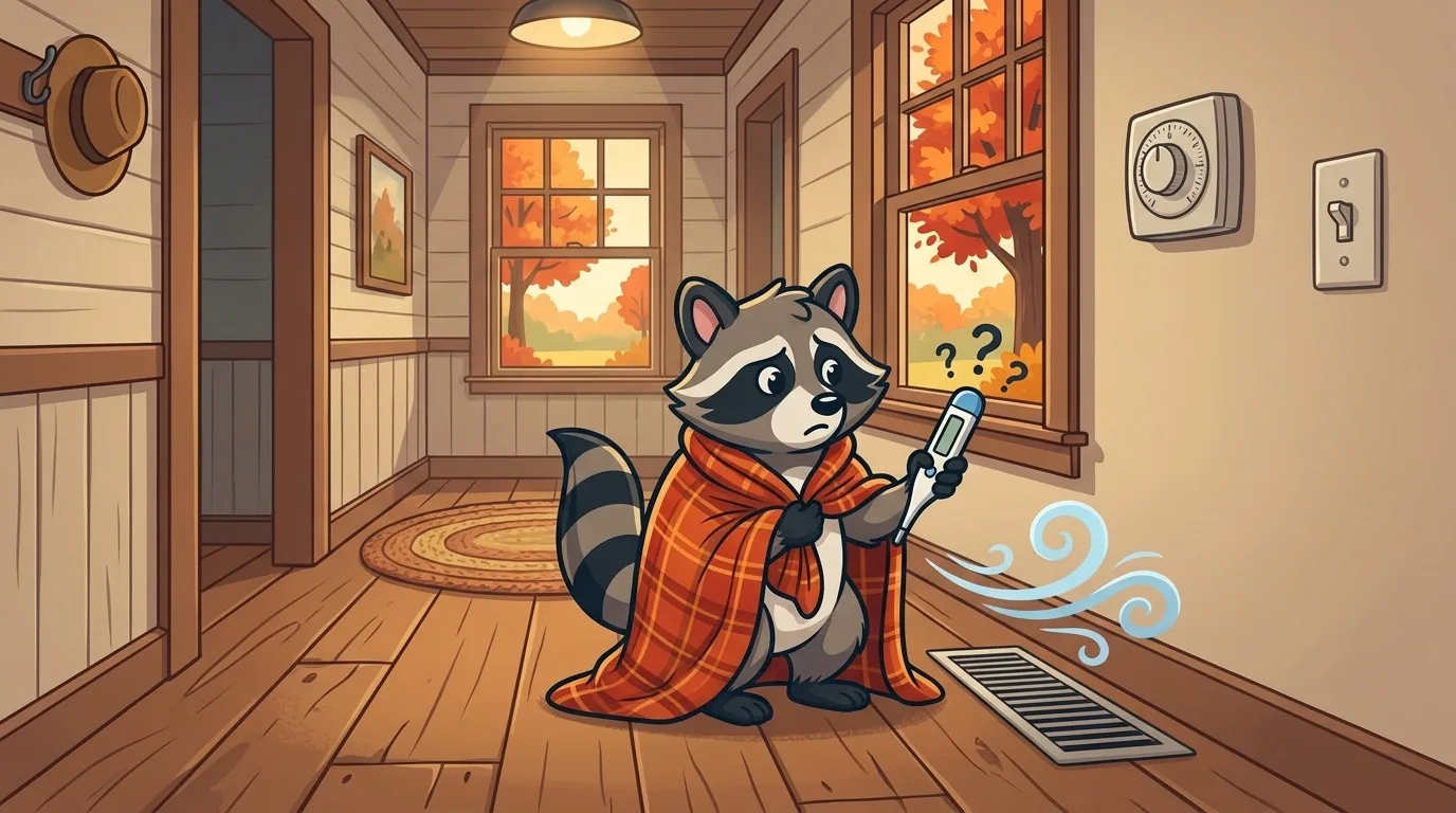 Rowdy the Raccoon wrapped in a plaid blanket holding a thermometer near a floor vent blowing chilly air in a farmhouse hallway with autumn trees outside