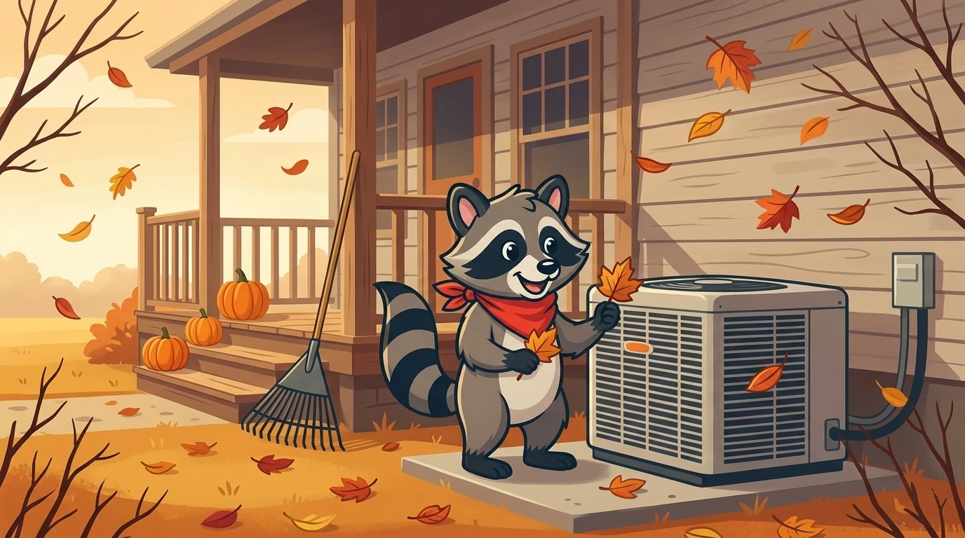 Rowdy the Raccoon on a cozy East Texas farmhouse porch next to an outdoor HVAC unit with autumn leaves swirling around pumpkins and a rake