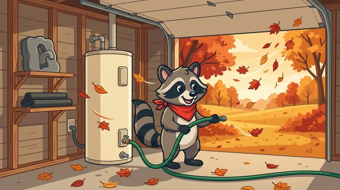 Rowdy the Raccoon draining a residential tank water heater with a garden hose in a garage with faucet covers and pipe insulation on a shelf and autumn leaves blowing in