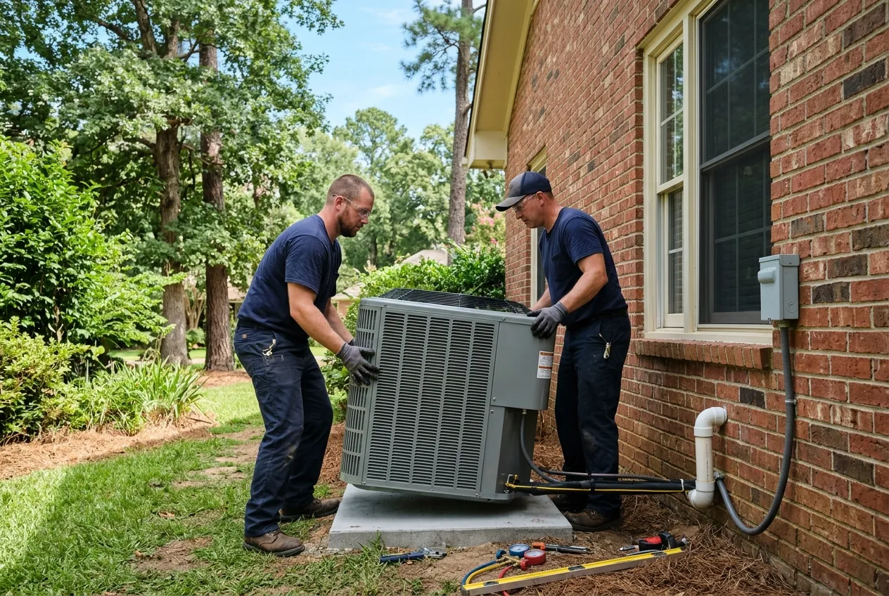 Two installers setting a new air conditioner condenser beside a brick home