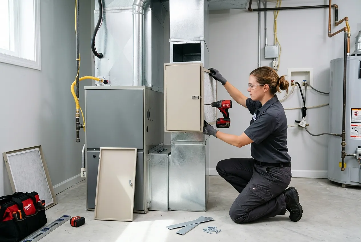 Technician installing a whole-home air purifier on the return duct of a residential furnace