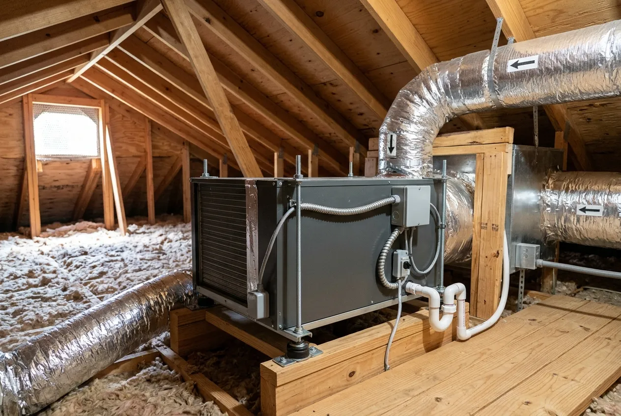 Whole-home ducted dehumidifier installed next to ductwork in a residential attic