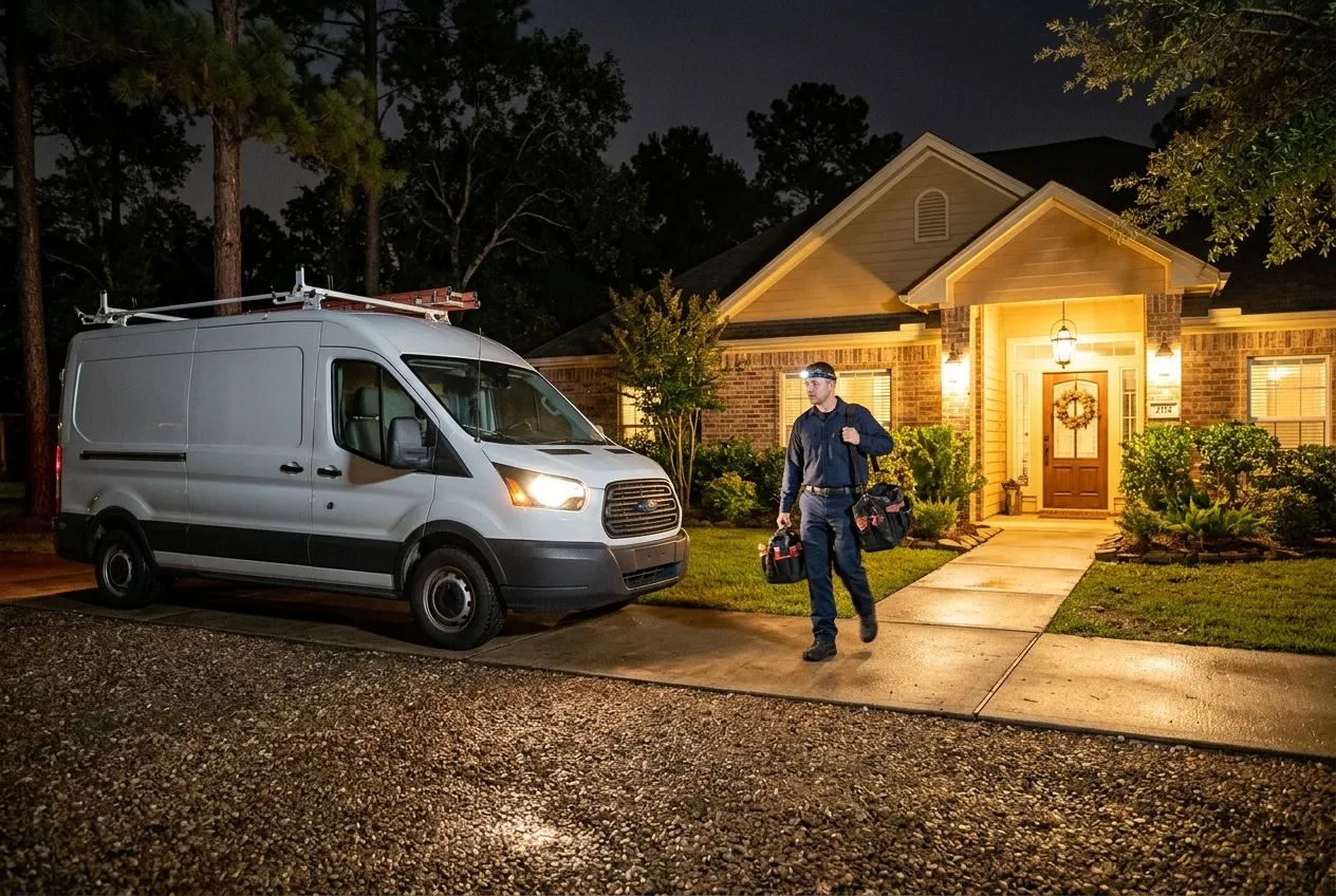Technician arriving at a home at night for emergency HVAC service