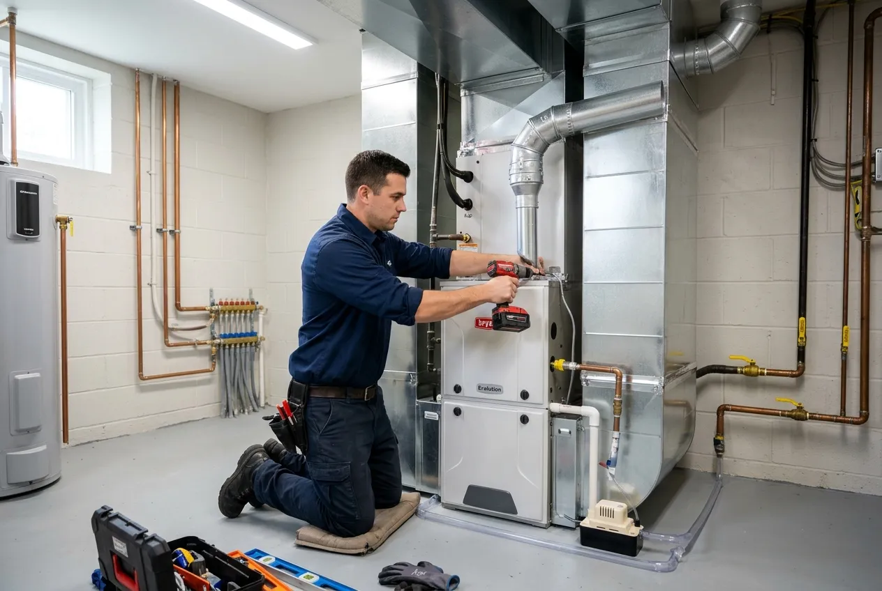 Installer setting up a new high-efficiency gas furnace in a utility room