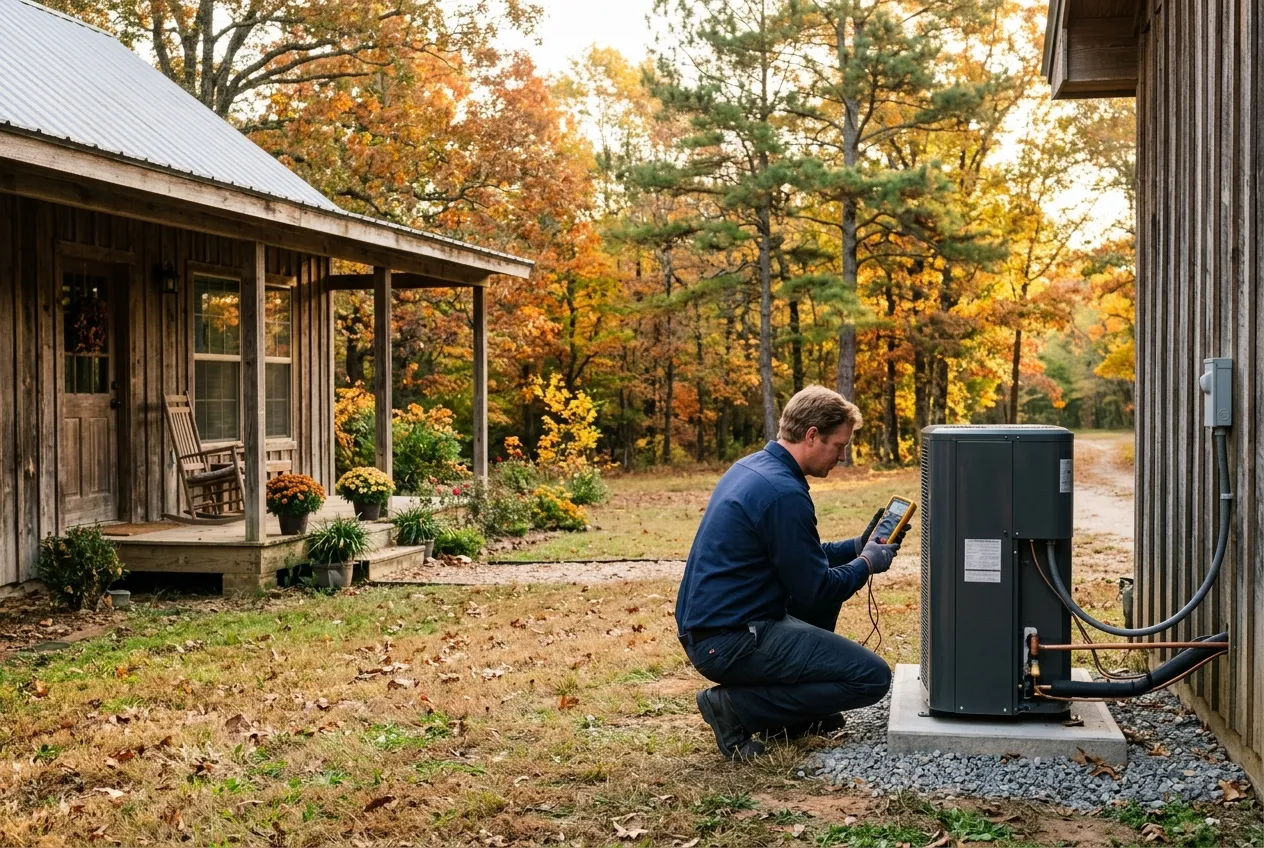 Technician testing an outdoor heat pump beside a farmhouse in autumn