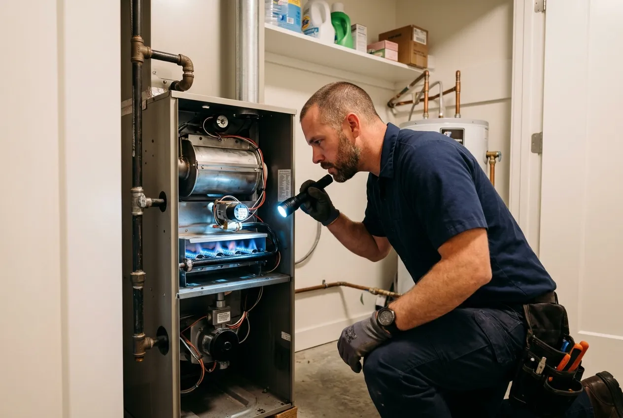 Ray Roberts Service technician inspecting the burners of a residential gas furnace with a flashlight