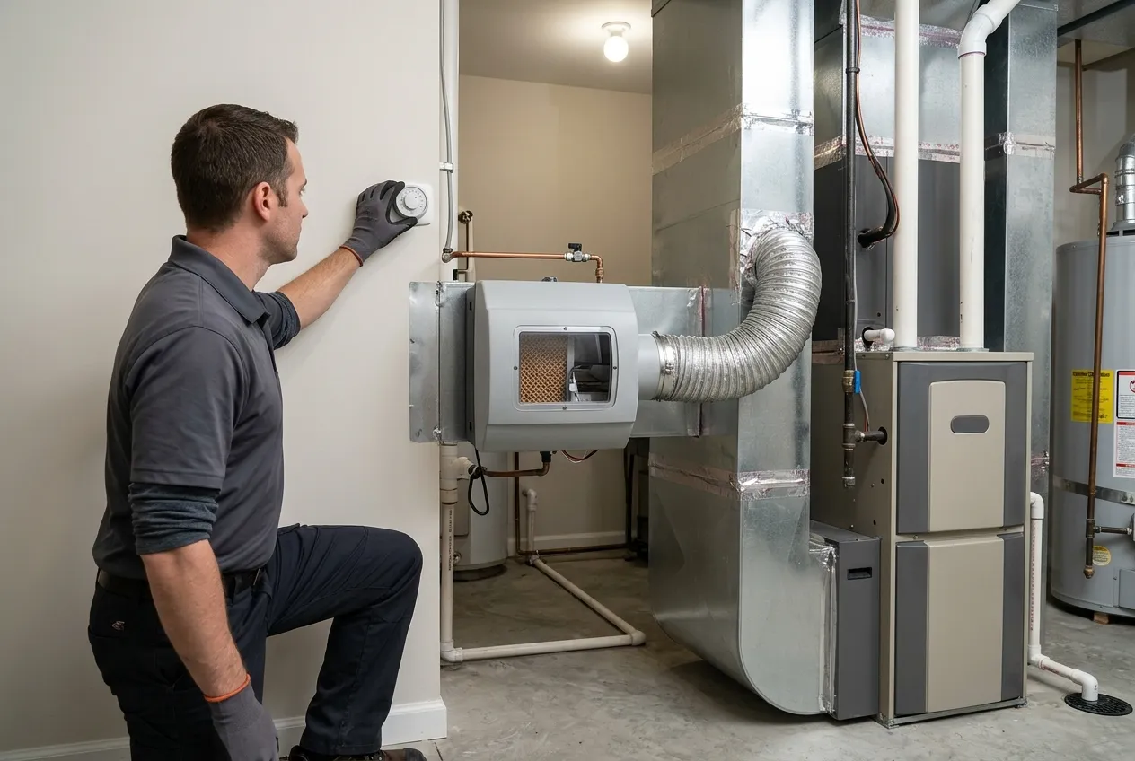 Technician adjusting a whole-home humidifier installed on a residential furnace