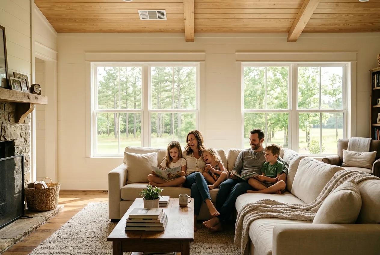 Family relaxing in a bright, clean East Texas living room