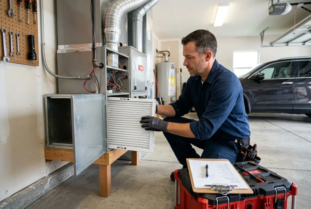 Ray Roberts Service technician replacing the air filter in a residential air handler during a tune-up