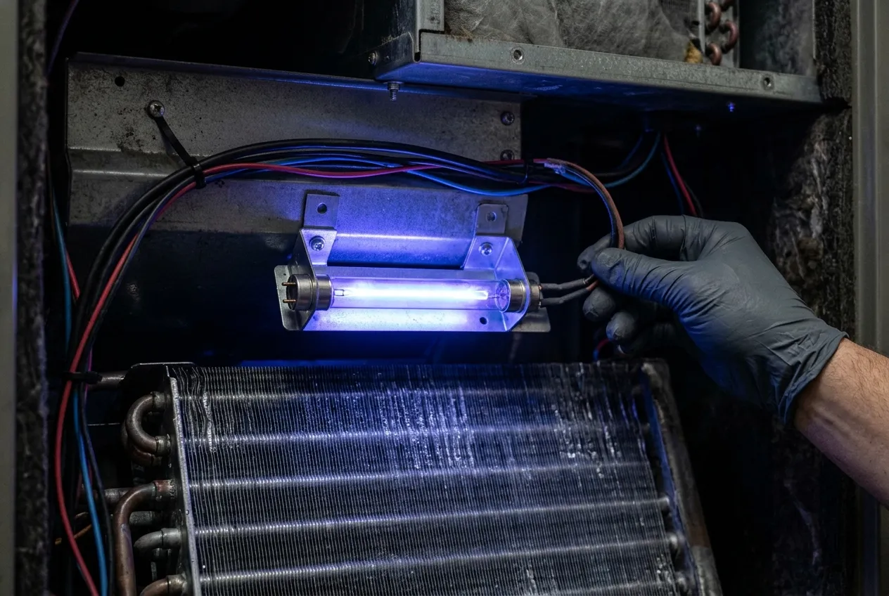 UV germicidal lamp glowing inside a residential air handler above the evaporator coil